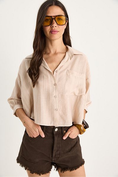 Bianco Lucci Women's Self Striped Half Sleeve Single Pocket Detailed Shirt 2108 60283328