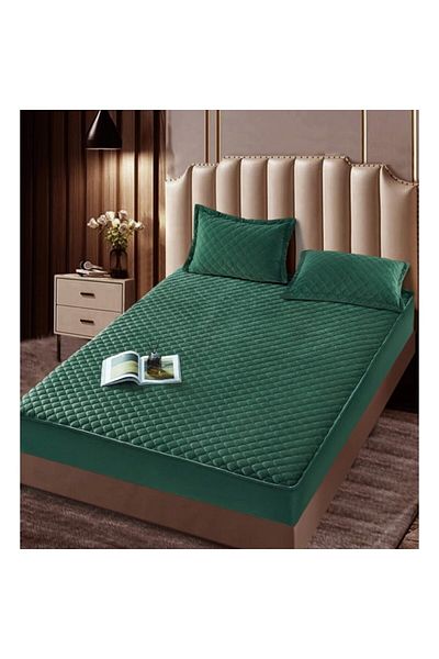 JOJO HOME Husa de pat si 2 fete de perna, Jojo Home, Catifea, Model Romburi, Topper Matlasat, 160x200cm, Verde