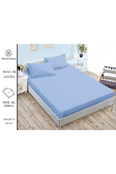 OEM Cearșaf cu elastic și 2 fețe de pernă, Sonia-Home, Damasc, Uni, 160x200cm, Albastru deschis