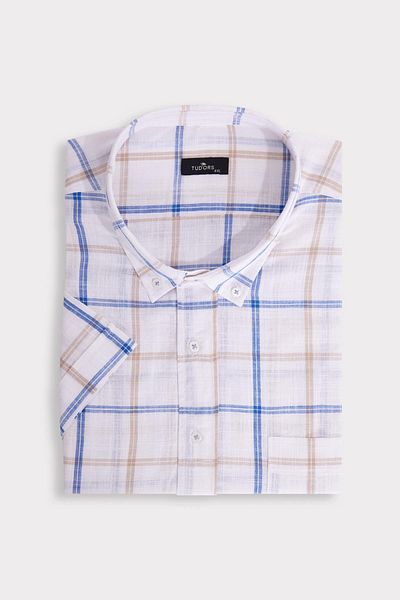 Tudors Men's Plus Size Lapel Button Checked Linen Effect Short Sleeve Shirt