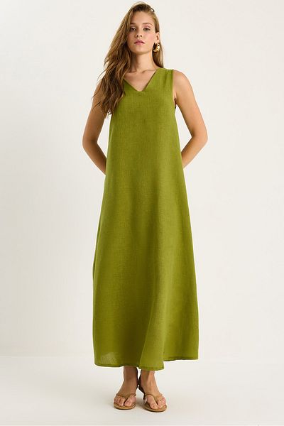 Bianco Lucci Women's V-Neck Thick Strap Long Linen Dress 442 60283172