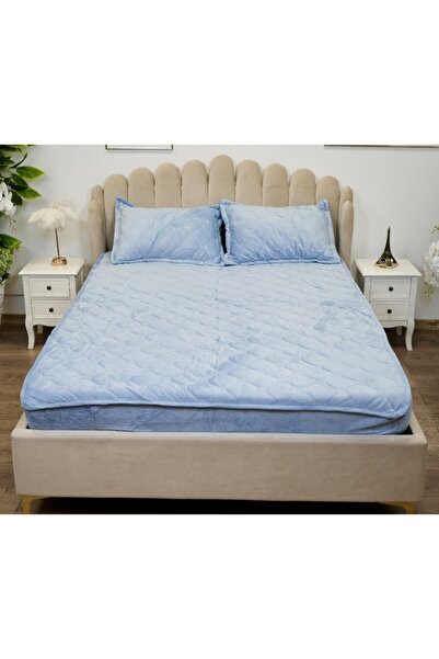 OEM Cearșaf de pat și 2 fețe de pernă, catifea, saltea matlasată 160x200 cm, albastru