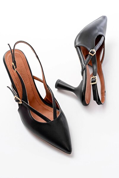 Budi 4962 Black Pointed Toe Buckle Round Heel Women's Sandals