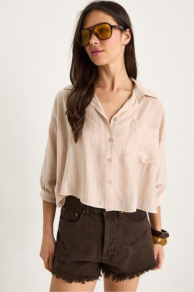 Bianco Lucci Women's Self Striped Half Sleeve Single Pocket Detailed Shirt 2108 60283328