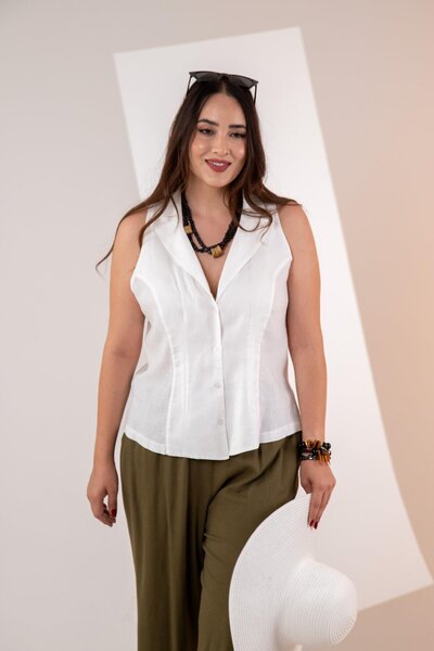 Roxxlen 1122540 قميص نسائي كبير الحجم بدون أكمام من الكتان باللون الأبيض