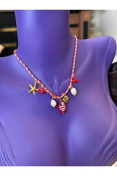 DGK COLLECTİON Red Fish Summer Necklace,Seashells,Can Fall in Love,Metal Parts Are Steel