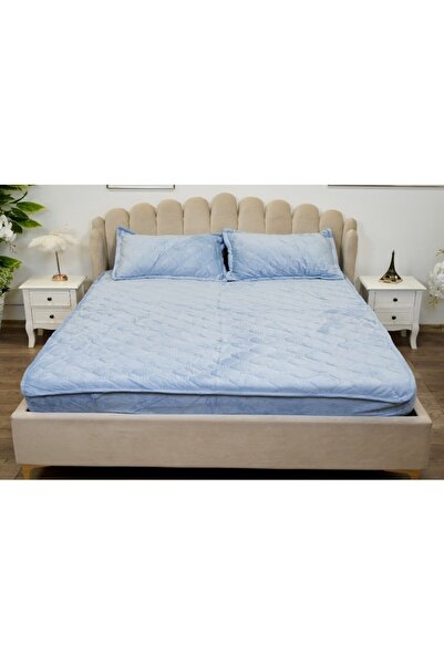 OEM Cearșaf de pat și 2 fețe de pernă, catifea, saltea matlasată 160x200 cm, albastru