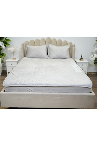 OEM Husa de pat si 2 fete de perna, Catifea, Topper Matlasat 180x200 cm, gri deschis