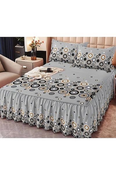 OEM Cearsaf de pat dublu, cu volanase, Imprimeu Cercuri, 3 piese, 2 persoane, Finet, 160x200cm, Multicol