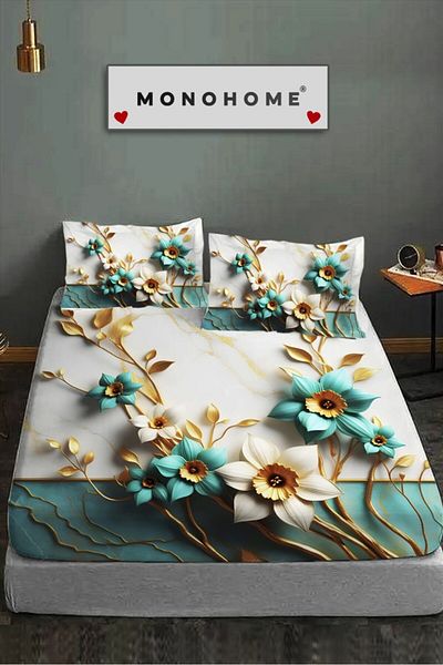 MonoHome 100% Cotton Fitted Sheet Special Design 5D Digital 60 Wire Turquoise