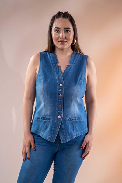 Roxxlen 112063 Γυναικείο τζιν γιλέκο μεγάλου μεγέθους με λεπτομέρεια τσέπης μπλε