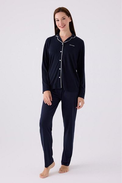 Pierre Cardin Women's Navy Blue Front Button Cotton Modal Pajama Set