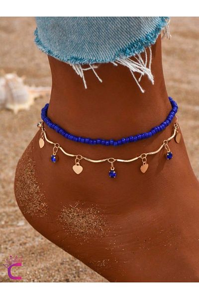 Cinderella Mini Heart Navy Blue Beaded 2-Piece Combination Chain Anklet - Sea Beach Jewelry Foot Jewelry Bracelet