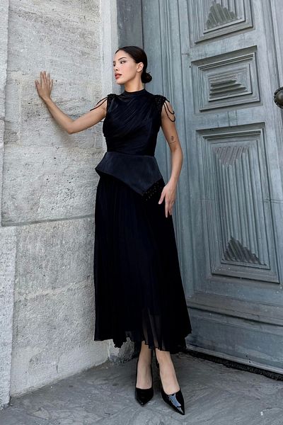 lodmela Shoulder Embroidered Pleated Evening Dress 2385-Black