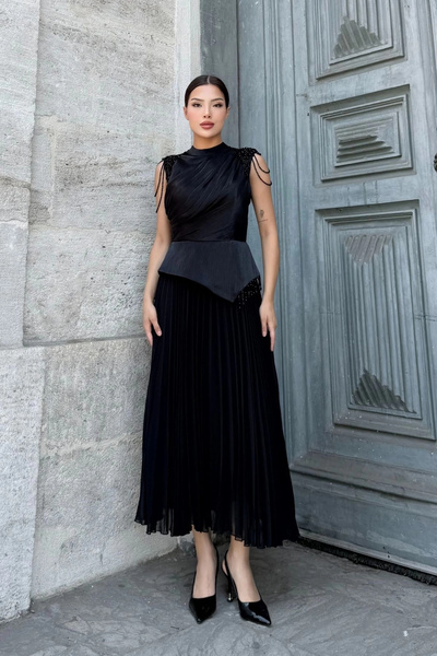 lodmela Omuz İşlemeli Pliseli Abiye Elbise 2385-Siyah