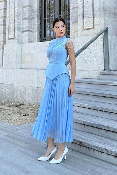 lodmela Βραδινό φόρεμα με κέντημα στον ώμο 2385-Μωρό μπλε