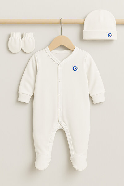 Boncuqo %100 Pamuklu Nazar Boncuğu Baskılı 4'lü Yenidoğan Bebek Takımı