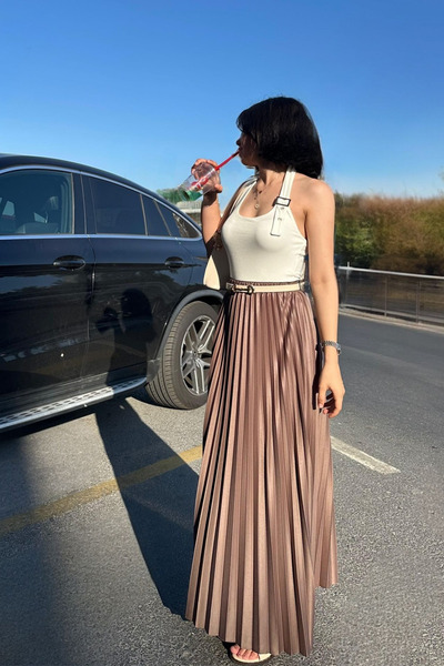 thesunfyre Γυναικεία καφέ φούστα με ελαστική μέση, ίσια πλισέ, μακριά πλισέ