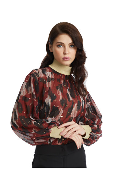 SERPİL Parlak Detaylı Desenli Balon Kol Bluz – Modern Yaka ve Lastikli Bilek ...