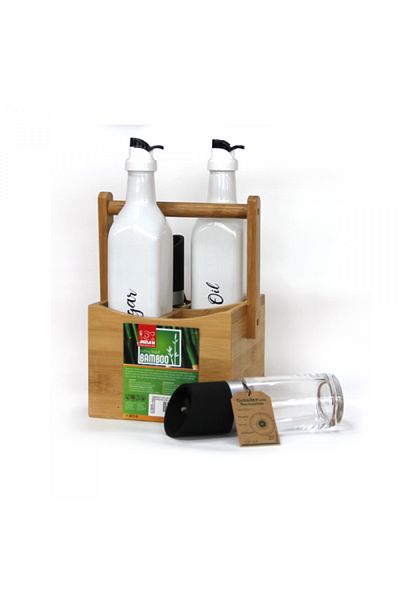 Raki Oliviera 5 pieces with bamboo stand with handle 15x15xh23cm, 250ml bottles with mill grind