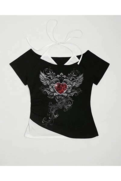 1blood Black Gothic Red Love Collar Short Sleeve Full Body Crop with Addition...
