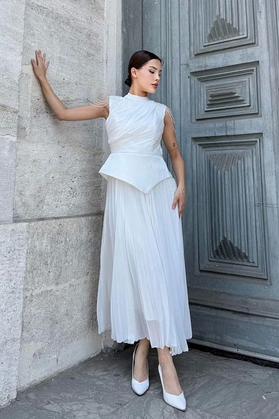 lodmela Βραδινό φόρεμα με κέντημα ώμου 2385-Λευκό