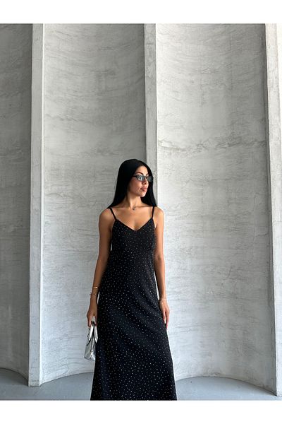 Moda Palmiss Women's Black Thin Strap Stone Detailed Midi Dress