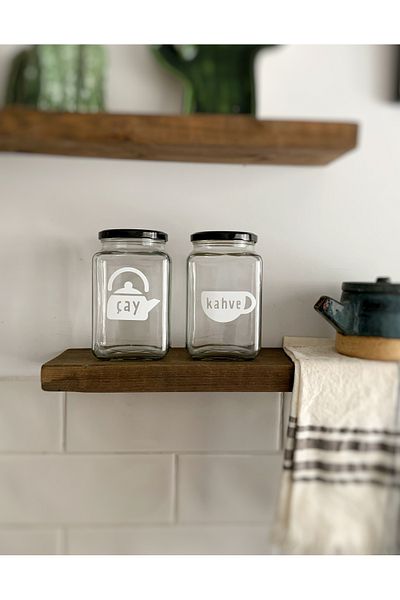 Atölye Merdiven 850 Cc Tea Coffee Labeled Set of 2 Glass Food Jars Kitchen Decoration Coffee Corner
