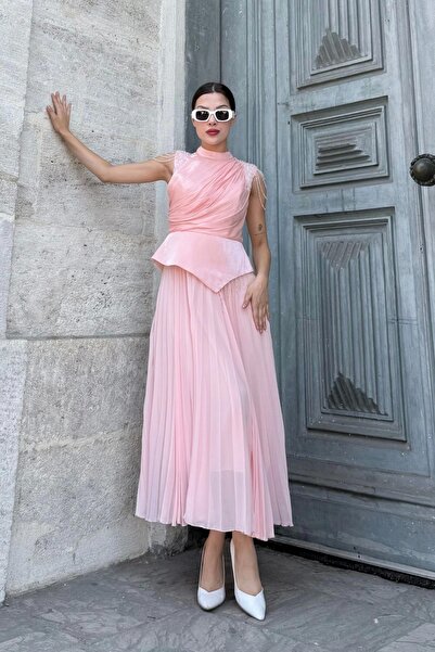 lodmela Omuz İşlemeli Pliseli Abiye Elbise 2385-Pudra