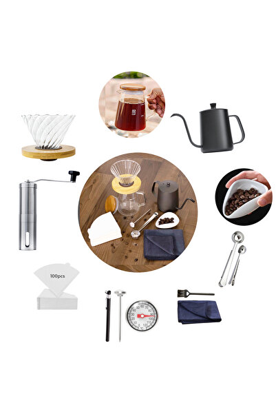 Omran Cart طقم قهوة V60، 10 قطع مع ملعقة، ومصفاة، ومطحنة، وفلاتر، وملحقات