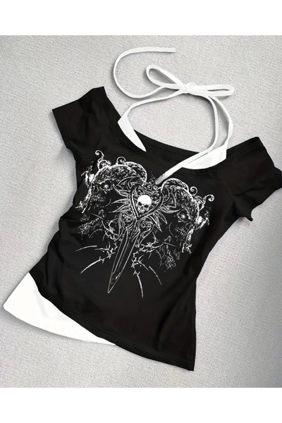 1blood ياقة هيكل عظمي قوطية سوداء مع حزام إضافي وأكمام قصيرة لكامل الجسم