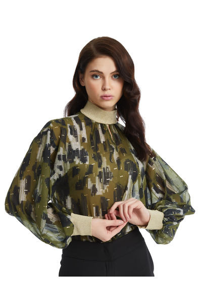 SERPİL Parlak Detaylı Desenli Balon Kol Bluz – Modern Yaka ve Lastikli Bilek ...