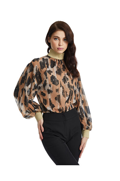 SERPİL Parlak Detaylı Desenli Balon Kol Bluz – Modern Yaka ve Lastikli Bilek ...