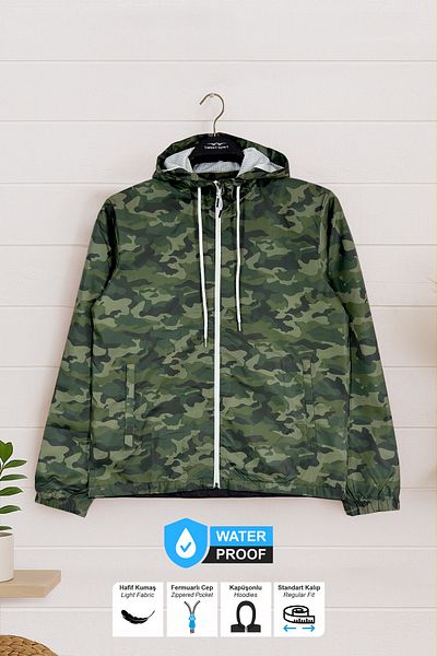 BESSA Men's Grass Camouflage Raincoat Seasonal Water Repellent Fabric Hooded Zippered Pocket Mesh Inner Design