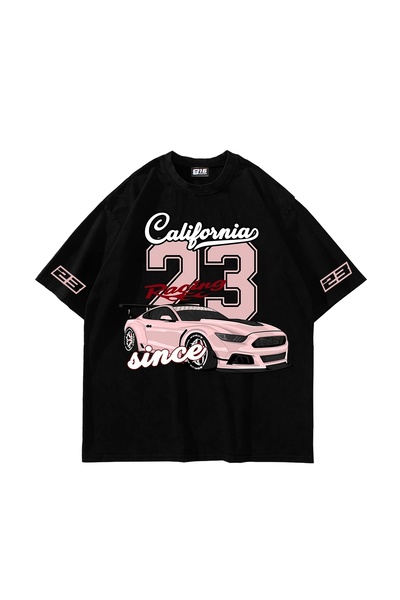 Bak Moda Tricou negru oversize unisex cu imprimeu California Racing