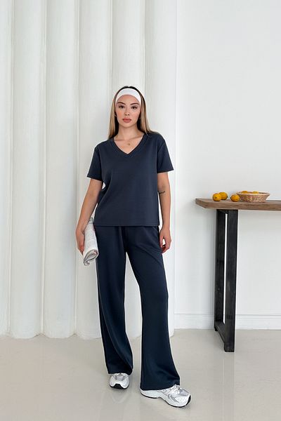 The Robi Women's Anthracite Modal Fabric V-Neck Basic Tracksuit Set