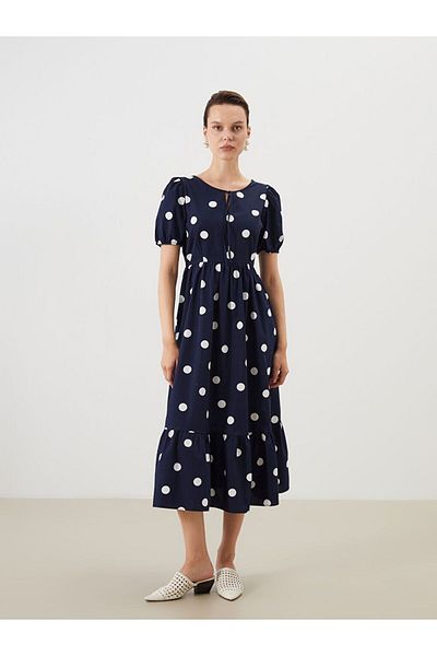LC Waikiki LCW Comfort Tie-Up γιακά Πουά Φόρεμα με Κάθισμα στη μέση