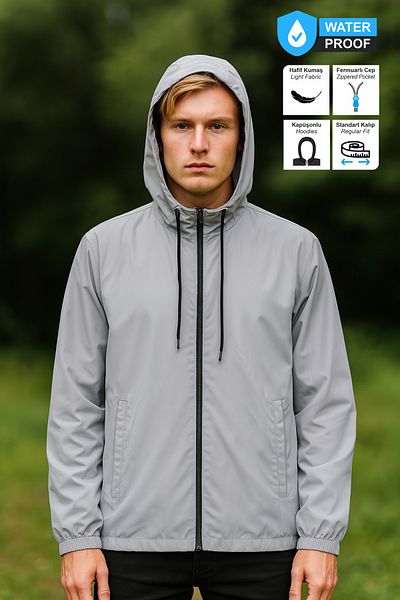 BESSA Men's Gray Raincoat Seasonal Water Repellent Fabric Hooded Zippered Pocket Mesh Inner Design