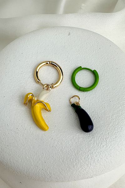 Modex Yellow Banana Eggplant Detail Dangle Fruit Earrings