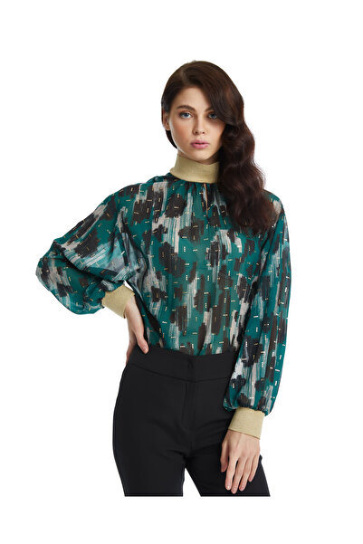 SERPİL Parlak Detaylı Desenli Balon Kol Bluz – Modern Yaka ve Lastikli Bilek ...