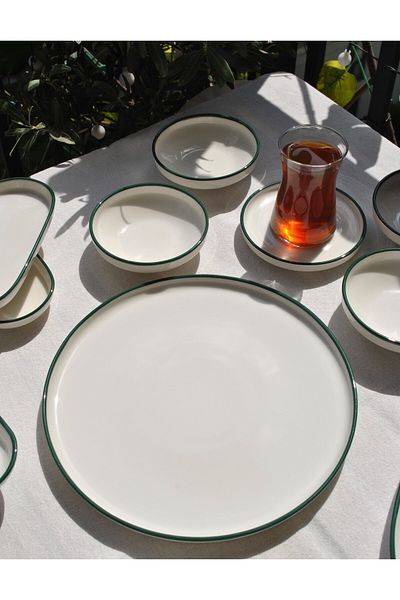 Qualitev 29 Piece Porcelain Breakfast Set Plain White Green Edge Detailed for 6 People-Monstera