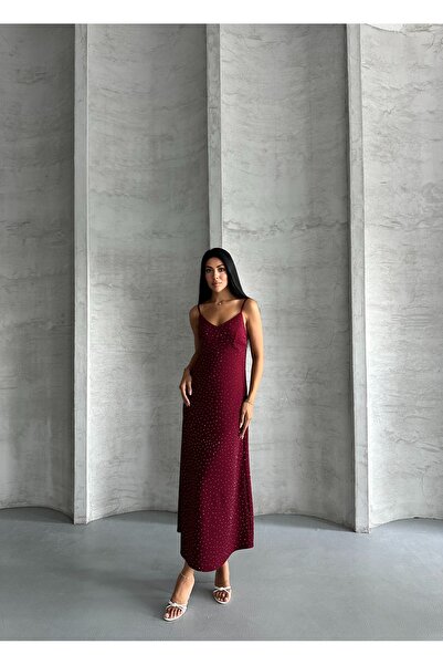 Moda Palmiss Γυναικείο μπορντό λεπτό λουράκι με πέτρινο λεπτομερές μίντι φόρεμα