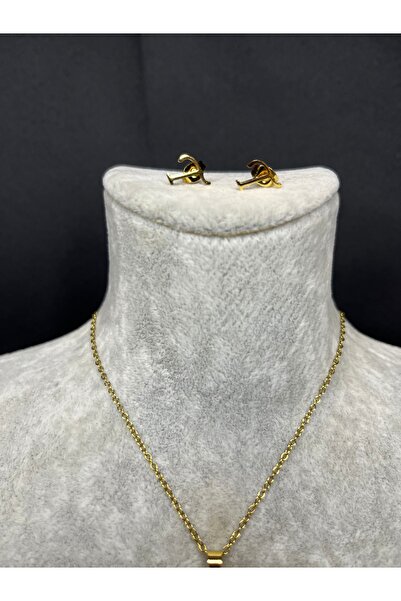 Mos Tespih T Harfi Çelik Kolye ve Küpe Set