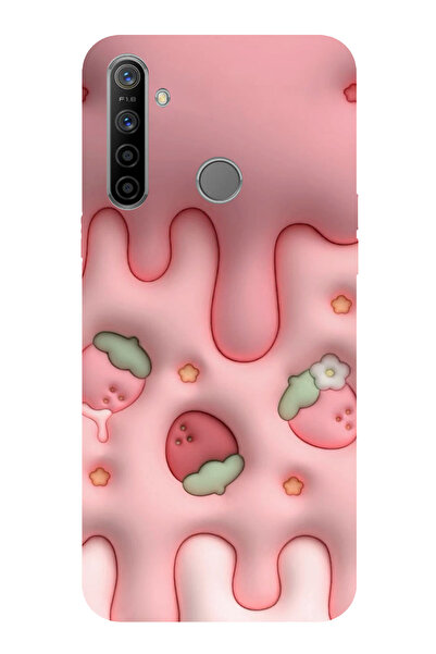 TechTree Realme 5i - 6i - C3 Uyumlu Çilekli Pasta Şeffaf Silikon Kılıf