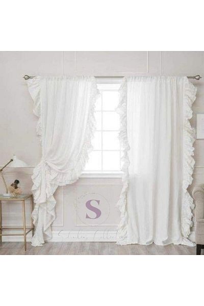 shules collection Double Sided Ruffle White Vintage Cotton Linen Curtain (Width X Length) - Single Panel - No Pleats