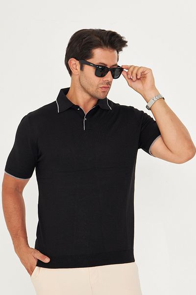 EDITION MAN Black Slim Summer Soft Cotton Polo Neck Knitwear Tshirt Ee100511596