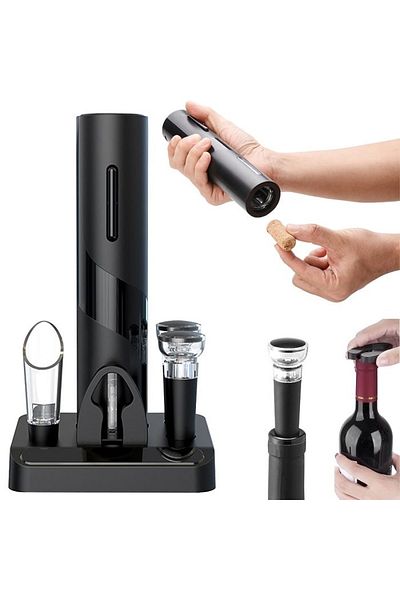 Welora Electric Corkscrew Set with Welora® Holder, 4 in 1 with foil cutter, vacuum stopper and wine aerator