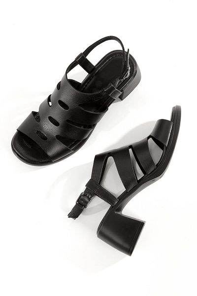 Modabuymus Edisa Black Genuine Leather Multi-Strap Sandals Thick Light Heeled Shoes