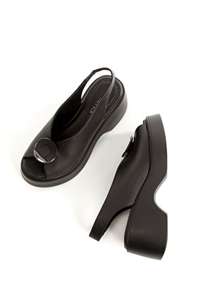 Modabuymus Dorfi Siyah Hakiki Deri Tokalı Sandalet Dolgu Topuklu Kadın Ayakkabı