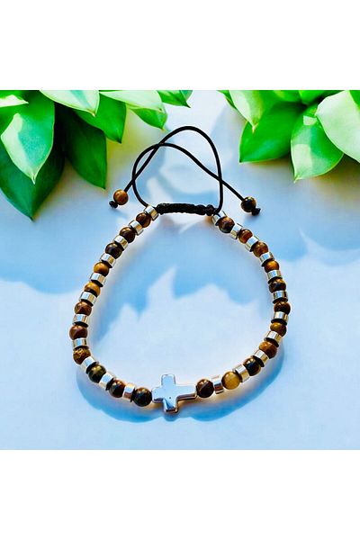 Rachel Silver Adjustable Hematite Stone Drawstring Cross Bracelet with Tiger's Eye Natural Stone